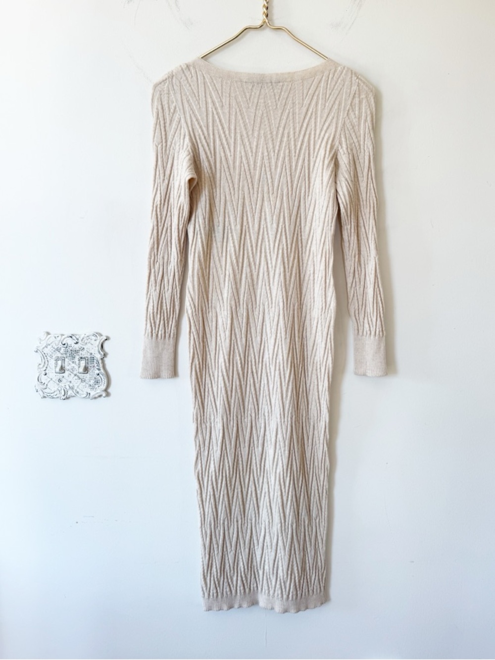 D. Exterior Cream Beige Cable Knit Wool Bodycon Long Sleeve Sweater Dress XS